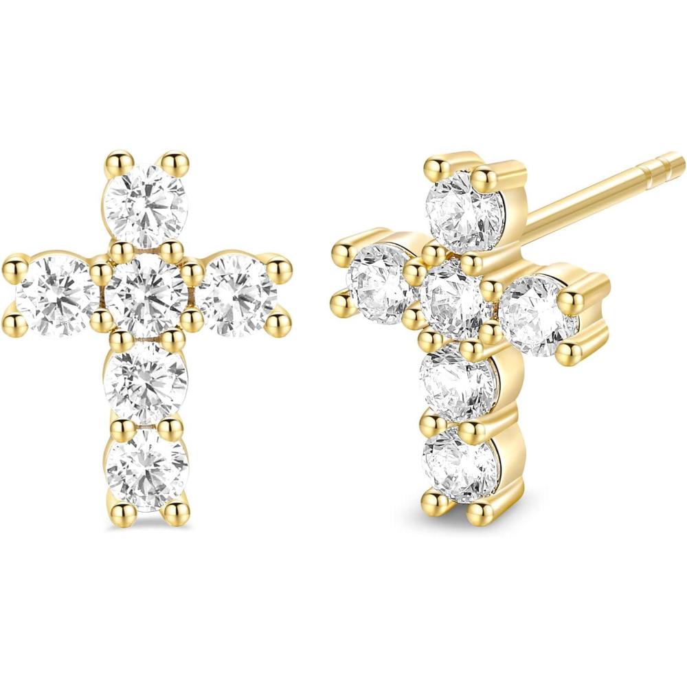 imageTRUMIUM Cross Earrings for Men Women 925 Sterling Silver Dangle Earrings Hypoallergenic Silver Gold Stud Cubic ZirconiaCross StudGold