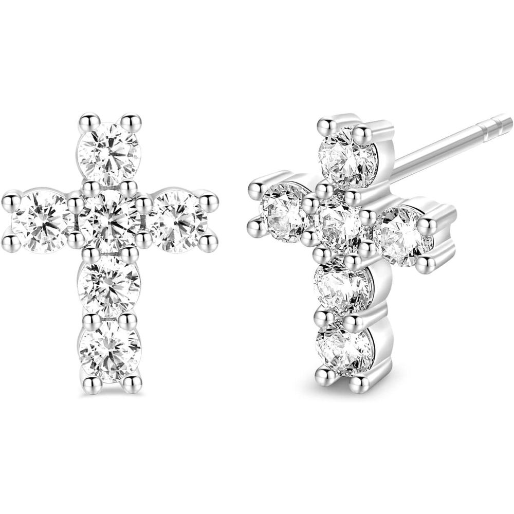 imageTRUMIUM Cross Earrings for Men Women 925 Sterling Silver Dangle Earrings Hypoallergenic Silver Gold Stud Cubic ZirconiaCross StudSilver