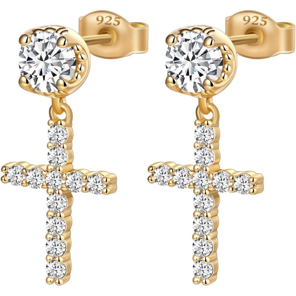imageTRUMIUM Cross Earrings for Men Women 925 Sterling Silver Dangle Earrings Hypoallergenic Silver Gold Stud Cubic ZirconiaCrossSilver