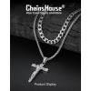 ChainsHouse Layered Cross Necklace for Men, Stainless Steel/Black/Gold Plated Cuban/Barbed Wire Necklace with Cross/Crucifix Pendant Religious Jewelry Gift Set for Dad, Husband(04. Steel-Layered Cuban+Jesus Pendant)