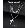 ChainsHouse Layered Cross Necklace for Men, Stainless Steel/Black/Gold Plated Cuban/Barbed Wire Necklace with Cross/Crucifix Pendant Religious Jewelry Gift Set for Dad, Husband(01. Steel-Layered Cuban+Cross Pendant)