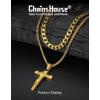 ChainsHouse Layered Cross Necklace for Men, Stainless Steel/Black/Gold Plated Cuban/Barbed Wire Necklace with Cross/Crucifix Pendant Religious Jewelry Gift Set for Dad, Husband(06. Gold Plated-Layered Cuban+Jesus Pendant)