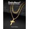 ChainsHouse Layered Cross Necklace for Men, Stainless Steel/Black/Gold Plated Cuban/Barbed Wire Necklace with Cross/Crucifix Pendant Religious Jewelry Gift Set for Dad, Husband(03. Gold Plated-Layered Cuban+Cross Pendant)
