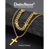 ChainsHouse Layered Cross Necklace for Men, Stainless Steel/Black/Gold Plated Cuban/Barbed Wire Necklace with Cross/Crucifix Pendant Religious Jewelry Gift Set for Dad, Husband(09. Gold Plated-Layered Wire+Cross Pendant)