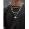 ChainsHouse Layered Cross Necklace for Men, Stainless Steel/Black/Gold Plated Cuban/Barbed Wire Necklace with Cross/Crucifix Pendant Religious Jewelry Gift Set for Dad, Husband(06. Gold Plated-Layered Cuban+Jesus Pendant)