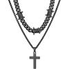 ChainsHouse Layered Cross Necklace for Men, Stainless Steel/Black/Gold Plated Cuban/Barbed Wire Necklace with Cross/Crucifix Pendant Religious Jewelry Gift Set for Dad, Husband(08. Black-Layered Wire+Cross Pendant)