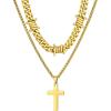 ChainsHouse Layered Cross Necklace for Men, Stainless Steel/Black/Gold Plated Cuban/Barbed Wire Necklace with Cross/Crucifix Pendant Religious Jewelry Gift Set for Dad, Husband(09. Gold Plated-Layered Wire+Cross Pendant)