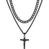 ChainsHouse Layered Cross Necklace for Men, Stainless Steel/Black/Gold Plated Cuban/Barbed Wire Necklace with Cross/Crucifix Pendant Religious Jewelry Gift Set for Dad, Husband(05. Black-Layered Cuban+Jesus Pendant)