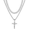 ChainsHouse Layered Cross Necklace for Men, Stainless Steel/Black/Gold Plated Cuban/Barbed Wire Necklace with Cross/Crucifix Pendant Religious Jewelry Gift Set for Dad, Husband(04. Steel-Layered Cuban+Jesus Pendant)