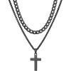ChainsHouse Layered Cross Necklace for Men, Stainless Steel/Black/Gold Plated Cuban/Barbed Wire Necklace with Cross/Crucifix Pendant Religious Jewelry Gift Set for Dad, Husband(02. Black-Layered Cuban+Cross Pendant)