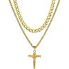 ChainsHouse Layered Cross Necklace for Men, Stainless Steel/Black/Gold Plated Cuban/Barbed Wire Necklace with Cross/Crucifix Pendant Religious Jewelry Gift Set for Dad, Husband(06. Gold Plated-Layered Cuban+Jesus Pendant)