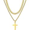ChainsHouse Layered Cross Necklace for Men, Stainless Steel/Black/Gold Plated Cuban/Barbed Wire Necklace with Cross/Crucifix Pendant Religious Jewelry Gift Set for Dad, Husband(03. Gold Plated-Layered Cuban+Cross Pendant)