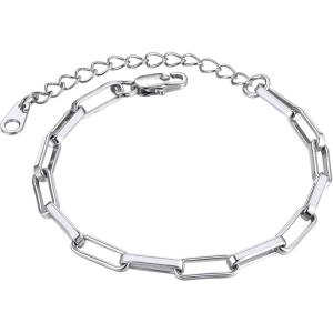 ChainsHouse Stainless Steel Herringbone Flat Chain Bracelets for Women,18K Gold/Rose Gold/Black Metal Paperclip/Snake/Cuban/Figaro Sterling Silver Link Charm Bracelet, 16+5cm Adjustable, With Gift Box(a. paperclip-platinum(hot!!!))