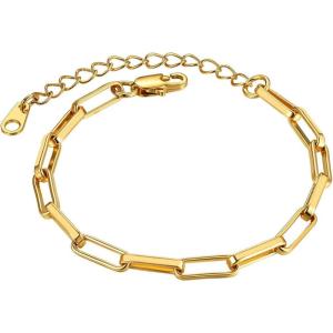 ChainsHouse Stainless Steel Herringbone Flat Chain Bracelets for Women,18K Gold/Rose Gold/Black Metal Paperclip/Snake/Cuban/Figaro Sterling Silver Link Charm Bracelet, 16+5cm Adjustable, With Gift Box(a. paperclip-gold(hot!!!))