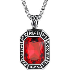 ChainsHouse Viking Rune Pendant Necklace for Men Women, Punk Biker Black Metal/316L Stainless Steel Onyx Norse Vintage Amulet Necklaces with Black/Red/Green/Blue Gemstone, Send Gift Box(C: Stainless Steel-Red Stone)