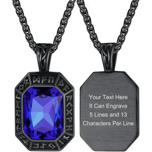 ChainsHouse Viking Rune Pendant Necklace for Men Women, Punk Biker Black Metal/316L Stainless Steel Onyx Norse Vintage Amulet Necklaces with Black/Red/Green/Blue Gemstone, Send Gift Box(P: Black-Blue Stone-Custom)