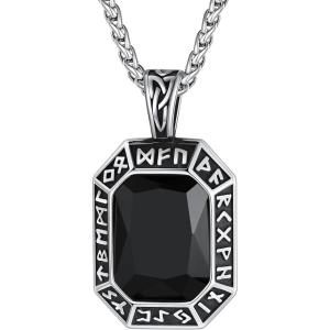 ChainsHouse Viking Rune Pendant Necklace for Men Women, Punk Biker Black Metal/316L Stainless Steel Onyx Norse Vintage Amulet Necklaces with Black/Red/Green/Blue Gemstone, Send Gift Box(A: Stainless Steel-Black Stone)