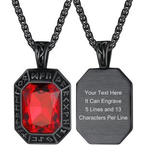 ChainsHouse Viking Rune Pendant Necklace for Men Women, Punk Biker Black Metal/316L Stainless Steel Onyx Norse Vintage Amulet Necklaces with Black/Red/Green/Blue Gemstone, Send Gift Box(M: Black-Red Stone-Custom)