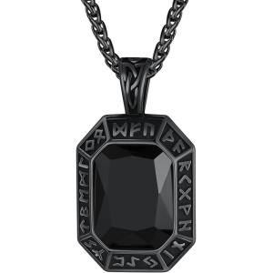 ChainsHouse Viking Rune Pendant Necklace for Men Women, Punk Biker Black Metal/316L Stainless Steel Onyx Norse Vintage Amulet Necklaces with Black/Red/Green/Blue Gemstone, Send Gift Box(F: Cool Black-Black Stone)
