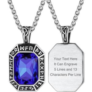 ChainsHouse Viking Rune Pendant Necklace for Men Women, Punk Biker Black Metal/316L Stainless Steel Onyx Norse Vintage Amulet Necklaces with Black/Red/Green/Blue Gemstone, Send Gift Box(K: Steel-Blue Stone-Custom)