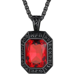 ChainsHouse Viking Rune Pendant Necklace for Men Women, Punk Biker Black Metal/316L Stainless Steel Onyx Norse Vintage Amulet Necklaces with Black/Red/Green/Blue Gemstone, Send Gift Box(E: Cool Black-Red Stone)