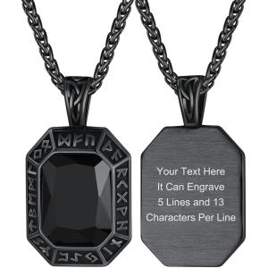 ChainsHouse Viking Rune Pendant Necklace for Men Women, Punk Biker Black Metal/316L Stainless Steel Onyx Norse Vintage Amulet Necklaces with Black/Red/Green/Blue Gemstone, Send Gift Box(N: Black-Black Stone-Custom)
