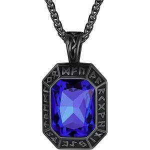 ChainsHouse Viking Rune Pendant Necklace for Men Women, Punk Biker Black Metal/316L Stainless Steel Onyx Norse Vintage Amulet Necklaces with Black/Red/Green/Blue Gemstone, Send Gift Box(H: Cool Black-Blue Stone)