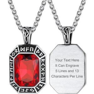 ChainsHouse Viking Rune Pendant Necklace for Men Women, Punk Biker Black Metal/316L Stainless Steel Onyx Norse Vintage Amulet Necklaces with Black/Red/Green/Blue Gemstone, Send Gift Box(J: Steel-Red Stone-Custom)