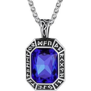 ChainsHouse Viking Rune Pendant Necklace for Men Women, Punk Biker Black Metal/316L Stainless Steel Onyx Norse Vintage Amulet Necklaces with Black/Red/Green/Blue Gemstone, Send Gift Box(B: Stainless Steel-Blue Stone)