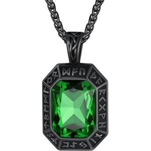 ChainsHouse Viking Rune Pendant Necklace for Men Women, Punk Biker Black Metal/316L Stainless Steel Onyx Norse Vintage Amulet Necklaces with Black/Red/Green/Blue Gemstone, Send Gift Box(G: Cool Black-Green Stone)