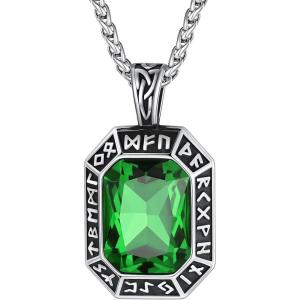 ChainsHouse Viking Rune Pendant Necklace for Men Women, Punk Biker Black Metal/316L Stainless Steel Onyx Norse Vintage Amulet Necklaces with Black/Red/Green/Blue Gemstone, Send Gift Box(D: Stainless Steel-Green Stone)