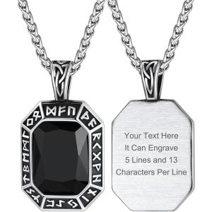 ChainsHouse Viking Rune Pendant Necklace for Men Women, Punk Biker Black Metal/316L Stainless Steel Onyx Norse Vintage Amulet Necklaces with Black/Red/Green/Blue Gemstone, Send Gift Box(L: Steel-Black Stone-Custom)