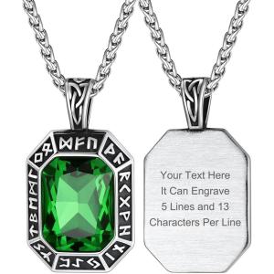 ChainsHouse Viking Rune Pendant Necklace for Men Women, Punk Biker Black Metal/316L Stainless Steel Onyx Norse Vintage Amulet Necklaces with Black/Red/Green/Blue Gemstone, Send Gift Box(I: Steel-Green Stone-Custom)