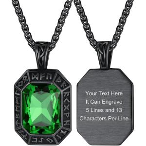 ChainsHouse Viking Rune Pendant Necklace for Men Women, Punk Biker Black Metal/316L Stainless Steel Onyx Norse Vintage Amulet Necklaces with Black/Red/Green/Blue Gemstone, Send Gift Box(O: Black-Green Stone-Custom)