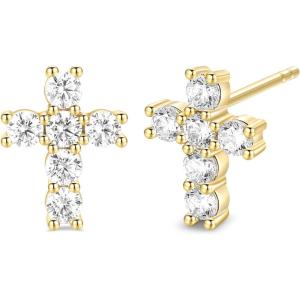 TRUMIUM Cross Earrings for Men Women 925 Sterling Silver Dangle Earrings Hypoallergenic Silver Gold Stud Cubic Zirconia(Cross Stud-Gold)
