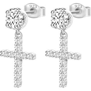 TRUMIUM Cross Earrings for Men Women 925 Sterling Silver Dangle Earrings Hypoallergenic Silver Gold Stud Cubic Zirconia(Cross-Gold)