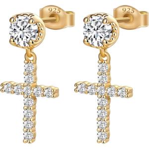 TRUMIUM Cross Earrings for Men Women 925 Sterling Silver Dangle Earrings Hypoallergenic Silver Gold Stud Cubic Zirconia(Cross-Silver)