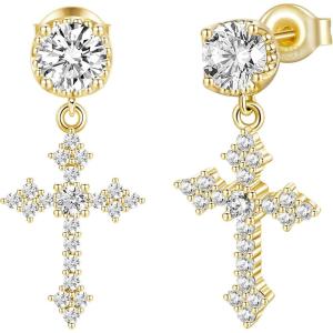 TRUMIUM Cross Earrings for Men Women 925 Sterling Silver Dangle Earrings Hypoallergenic Silver Gold Stud Cubic Zirconia(Dangle Cross-Gold)