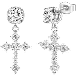 TRUMIUM Cross Earrings for Men Women 925 Sterling Silver Dangle Earrings Hypoallergenic Silver Gold Stud Cubic Zirconia(Dangle Cross-Silver)