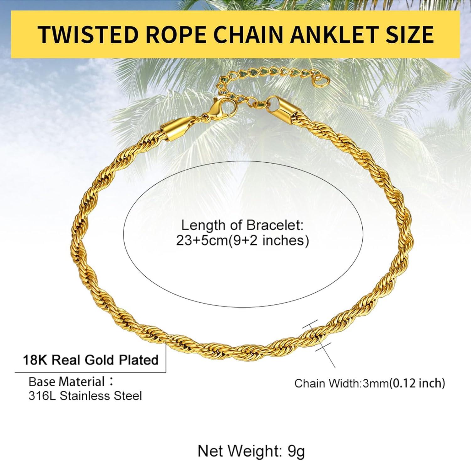 imageChainsHouse Ankle Bracelets for Women Stainless Steel Beaded Chain Ankle Bracelet Womens Heart Anklets for Summer Beach Jewelry GiftsM twisted rope6mmgold