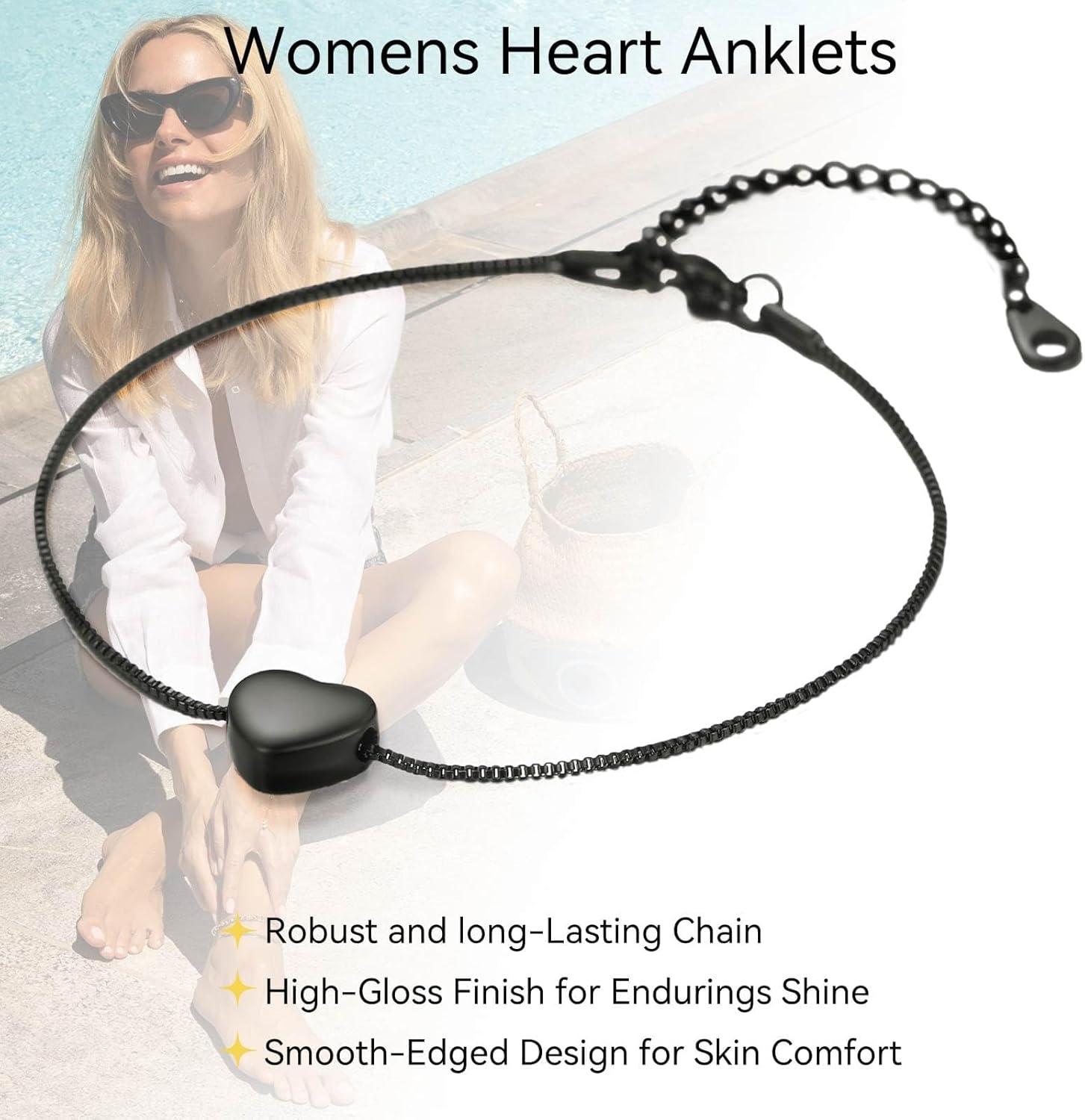imageChainsHouse Ankle Bracelets for Women Stainless Steel Beaded Chain Ankle Bracelet Womens Heart Anklets for Summer Beach Jewelry GiftsT heartblack