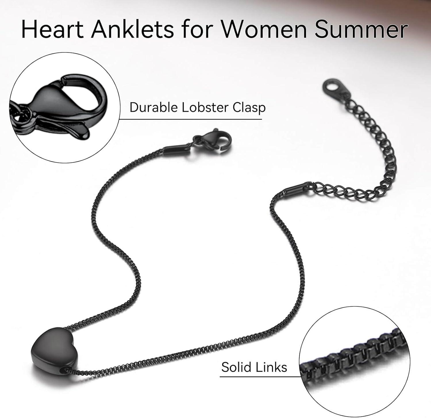 imageChainsHouse Ankle Bracelets for Women Stainless Steel Beaded Chain Ankle Bracelet Womens Heart Anklets for Summer Beach Jewelry GiftsT heartblack