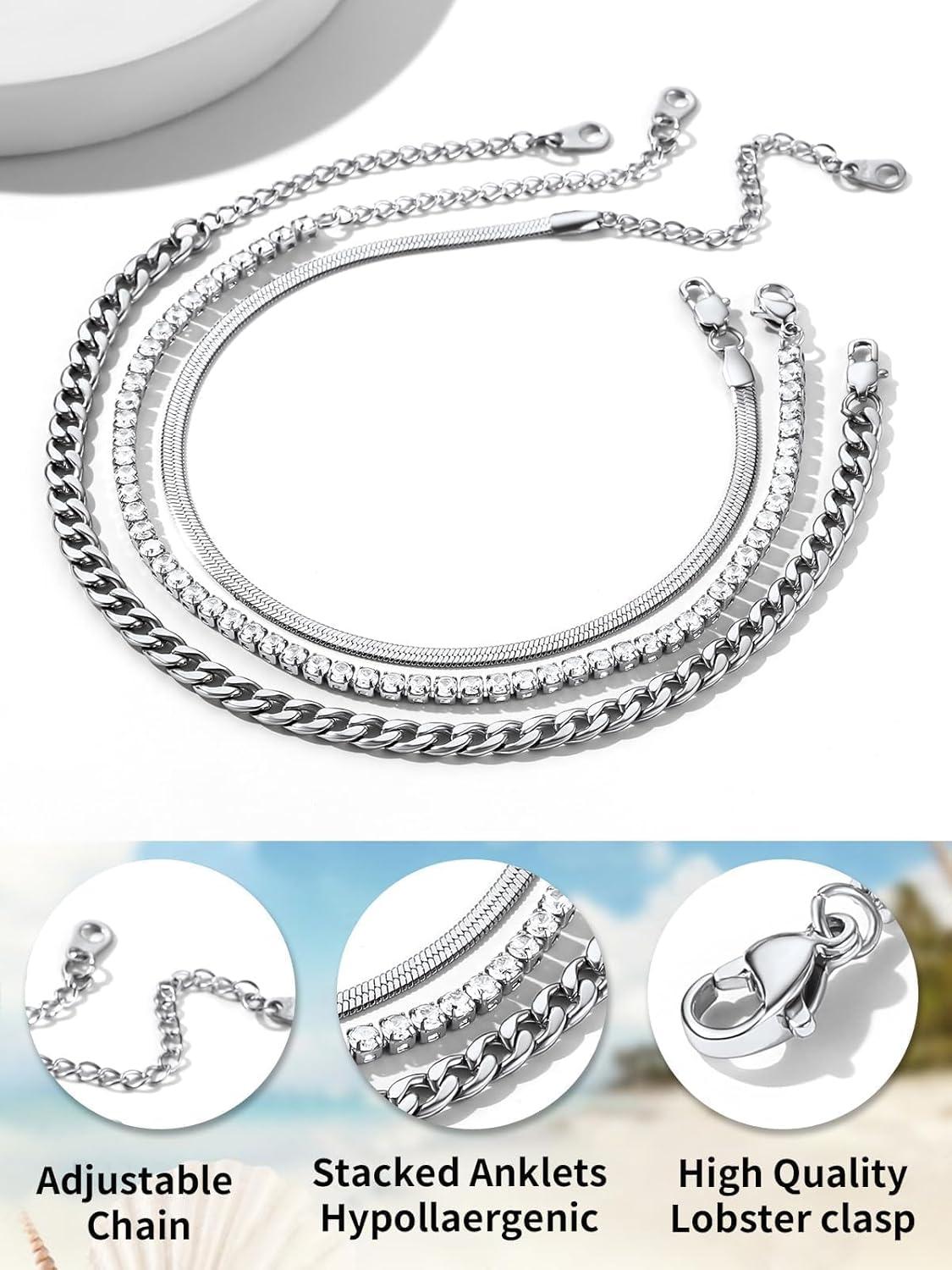 imageChainsHouse Ankle Bracelets for Women Stainless Steel Chain Anklets Waterproof Women Summer Beach Jewelry Gift Come with Box08 3pcs CZ CubanSteel
