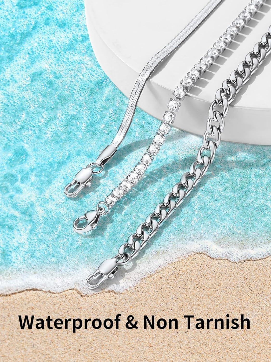 imageChainsHouse Ankle Bracelets for Women Stainless Steel Chain Anklets Waterproof Women Summer Beach Jewelry Gift Come with Box08 3pcs CZ CubanSteel