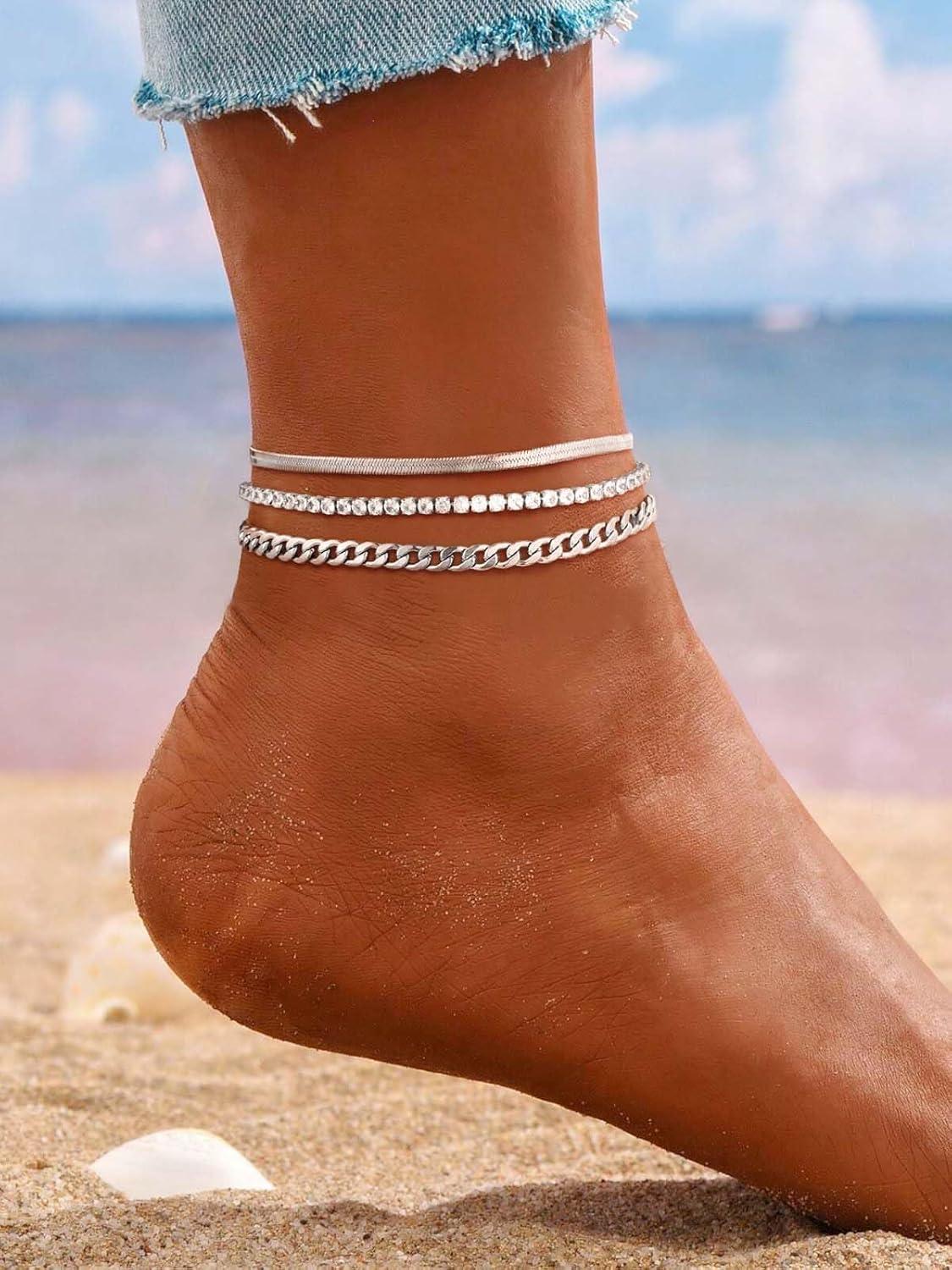 imageChainsHouse Ankle Bracelets for Women Stainless Steel Chain Anklets Waterproof Women Summer Beach Jewelry Gift Come with Box08 3pcs CZ CubanSteel