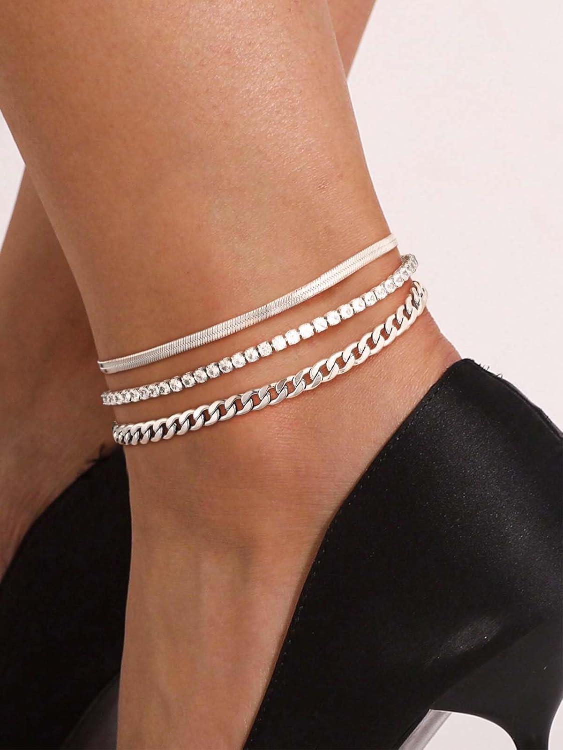 imageChainsHouse Ankle Bracelets for Women Stainless Steel Chain Anklets Waterproof Women Summer Beach Jewelry Gift Come with Box08 3pcs CZ CubanSteel