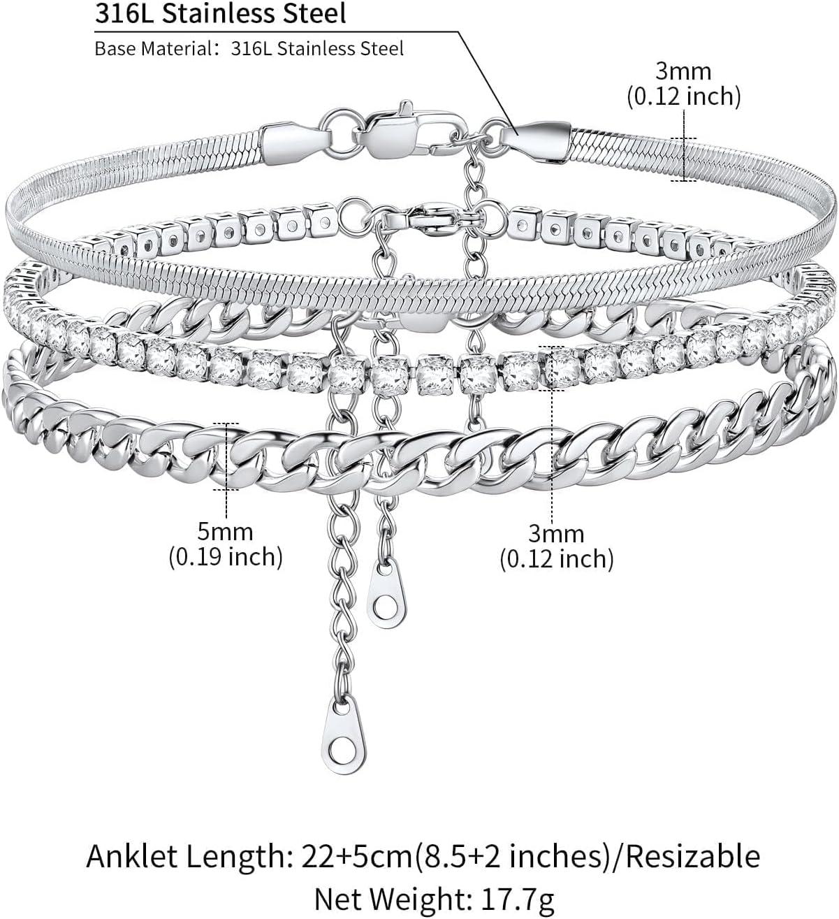 imageChainsHouse Ankle Bracelets for Women Stainless Steel Chain Anklets Waterproof Women Summer Beach Jewelry Gift Come with Box08 3pcs CZ CubanSteel