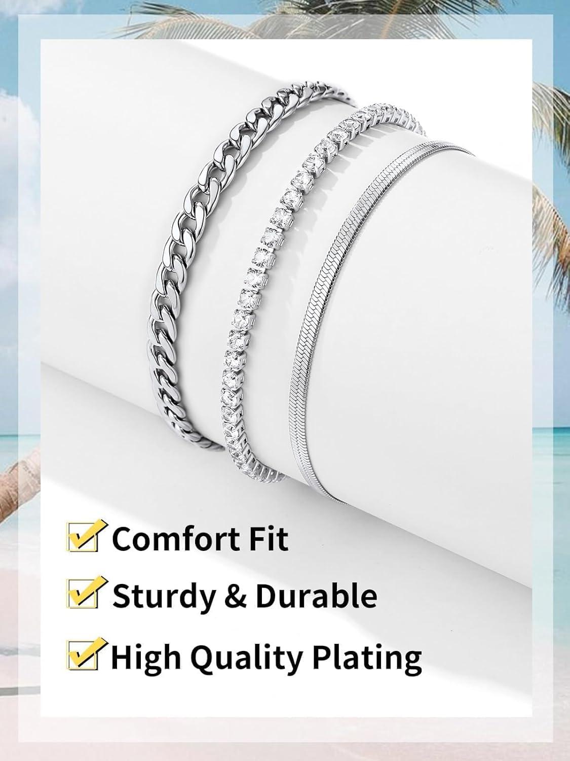 imageChainsHouse Ankle Bracelets for Women Stainless Steel Chain Anklets Waterproof Women Summer Beach Jewelry Gift Come with Box08 3pcs CZ CubanSteel