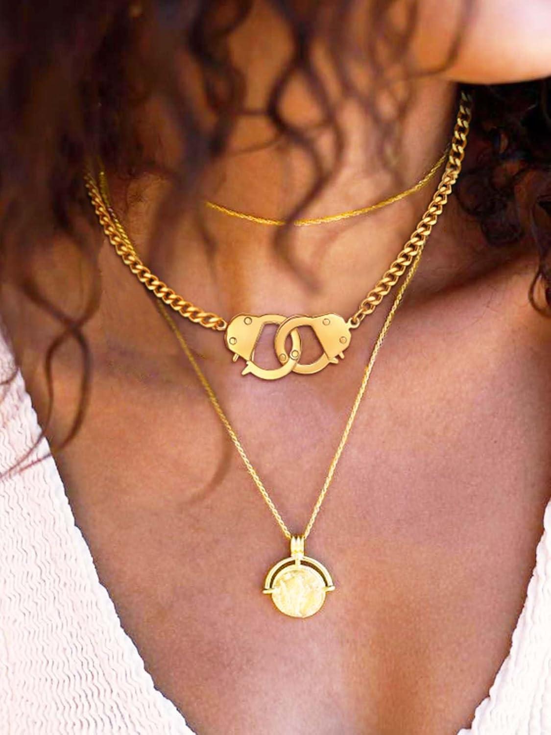 imageChainsHouse Handcuff Necklace Mens Stainless Steel Padlock Pendant 18K Gold PlatedBlack Cuban Chain Interlocking 18inch Mens Biker Punk Rocker Statement Jewelry for WomenC Gold