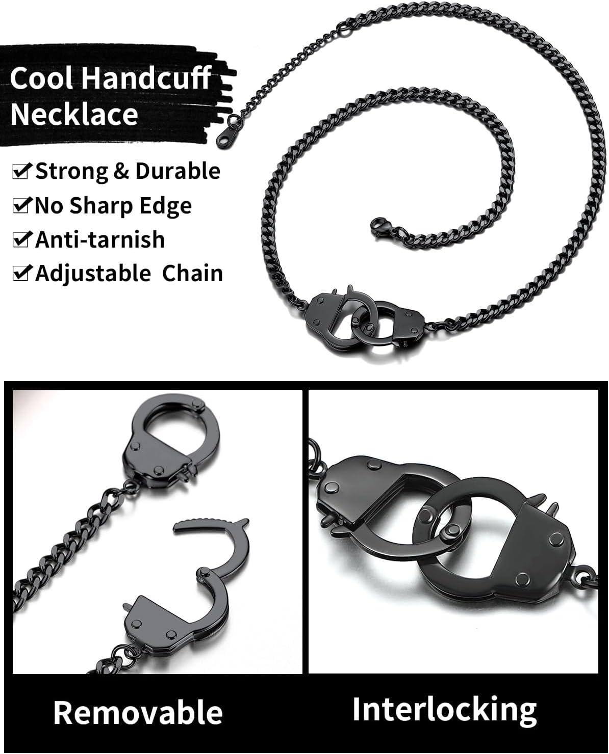 imageChainsHouse Handcuff Necklace Mens Stainless Steel Padlock Pendant 18K Gold PlatedBlack Cuban Chain Interlocking 18inch Mens Biker Punk Rocker Statement Jewelry for WomenB Black